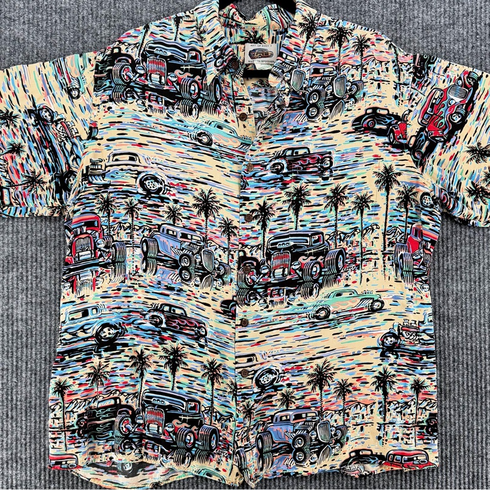 Vintage Reyn‎ Spooner Art of Eddy Y Hawaiian T-Shirt Hot Rods Cars XL XLarge Tee